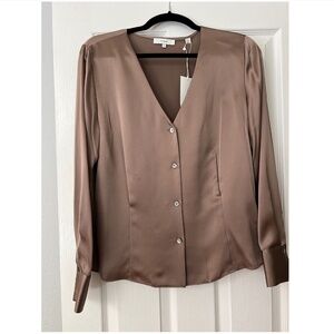 NWT Vince Silk Long Sleeve V-neck Button Down Blouse, Taupe, size Small